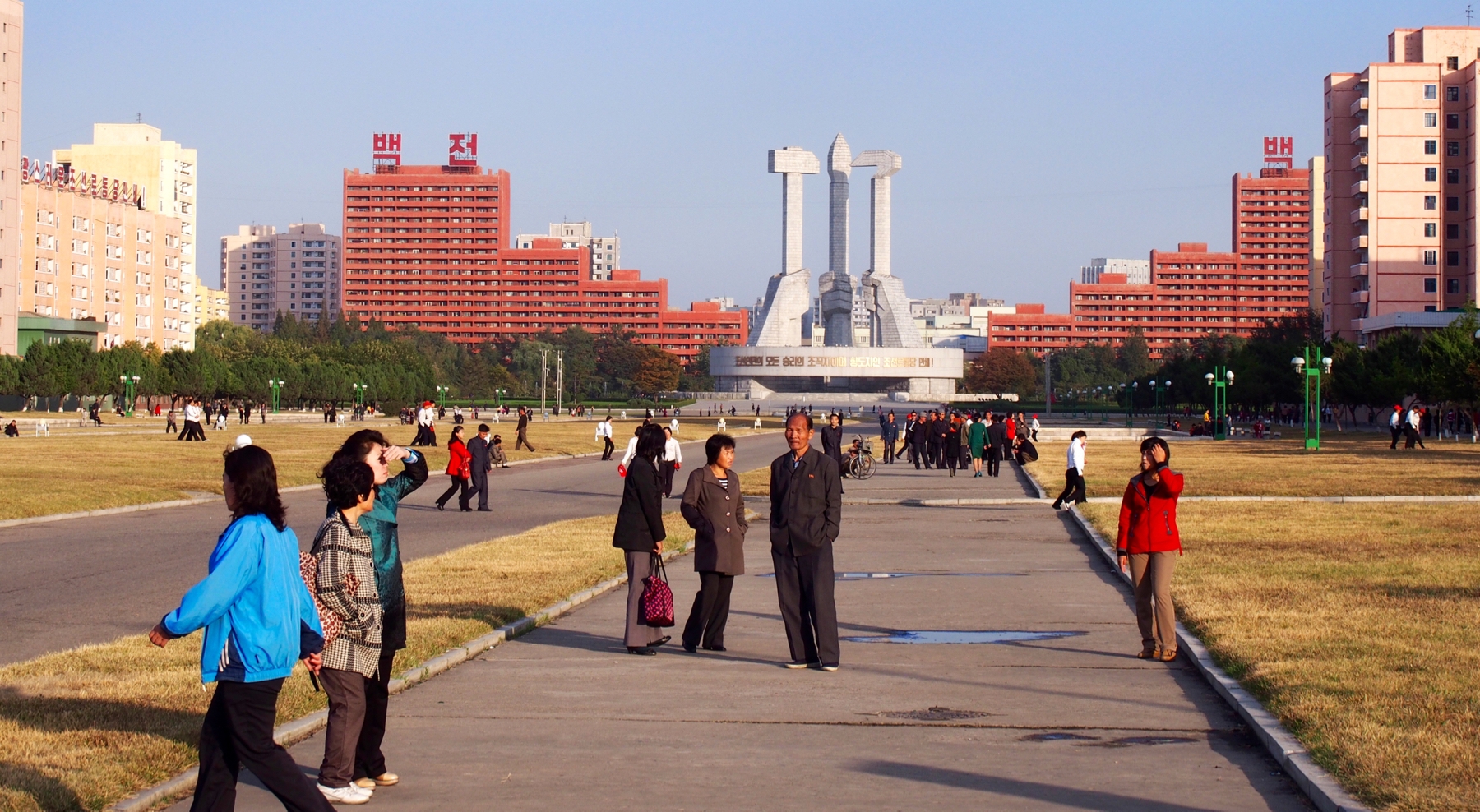 A beautiful day for a stroll in the park in front of the Workers Party Monument